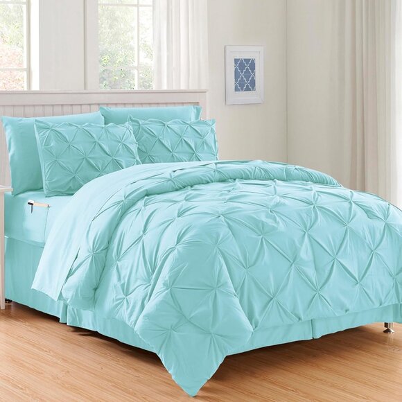 New Aqua Blue Pinch Pleated 8 Piece Bed in a Bag Comforter Set • King Size - Picture 2 of 4